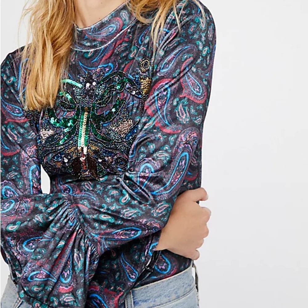 NWT Free People L'Amour Tee Velvet Sequin Bell Sleeves